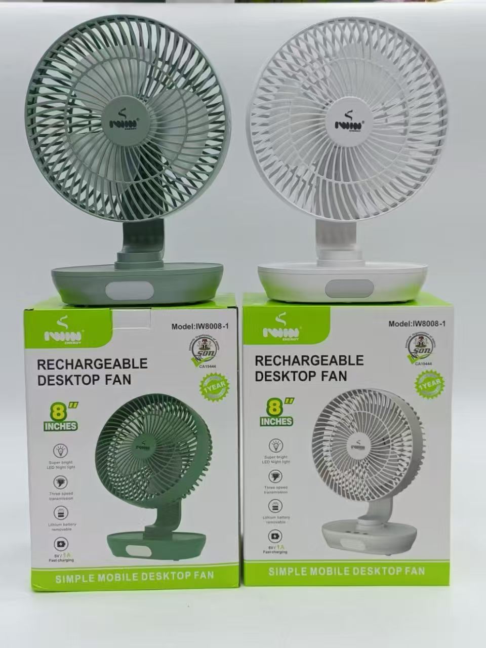IWIN 8‑Inch Rechargeable Desktop Fan with LED Night Light, 3‑Speed Portable Foldable Desk Fan, Rechargeable Battery for Home Office Camping