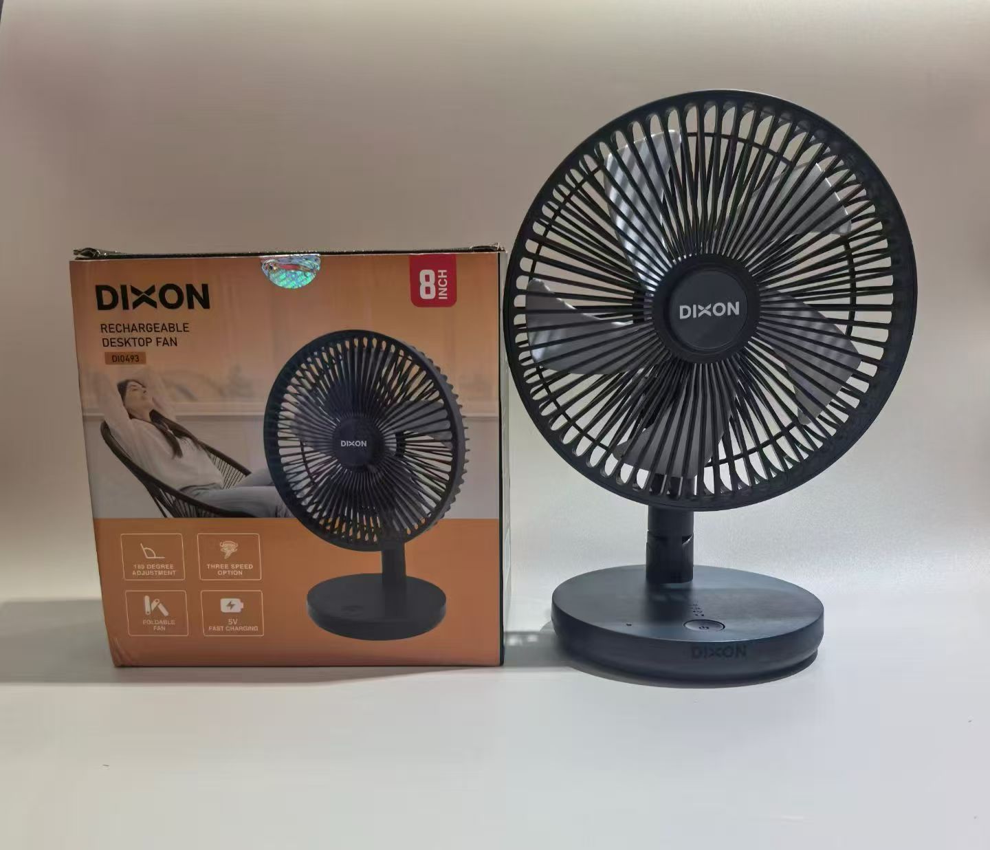 DIXON 8‑Inch Rechargeable Desktop Fan, 3‑Speed Foldable Portable Desk Fan with 3000mAh Battery, 180° Tilt Adjustment for Home Office Travel