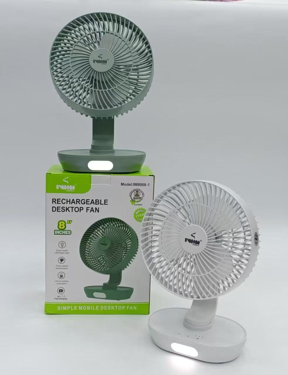 IWIN 8‑Inch Rechargeable Desktop Fan with LED Night Light, 3‑Speed Portable Foldable Desk Fan, Rechargeable Battery for Home Office Camping
